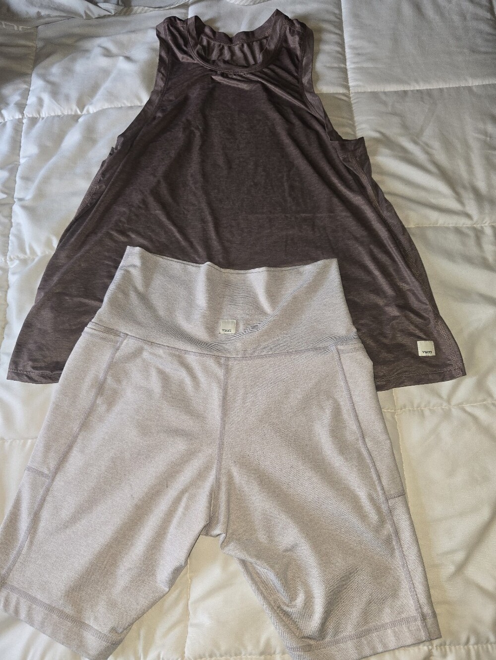 Vuori Brown Performance Tank And  Vuori Light Tan Short Legging .